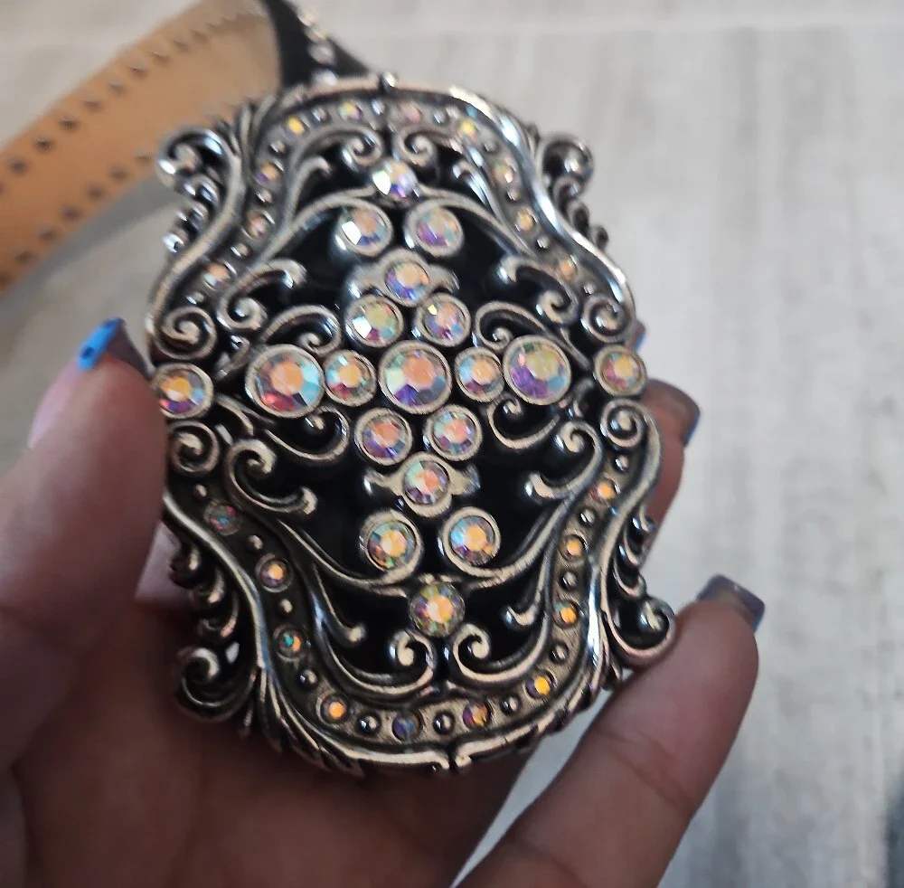 Black Studded Belt with Decorative Crystal Buckle